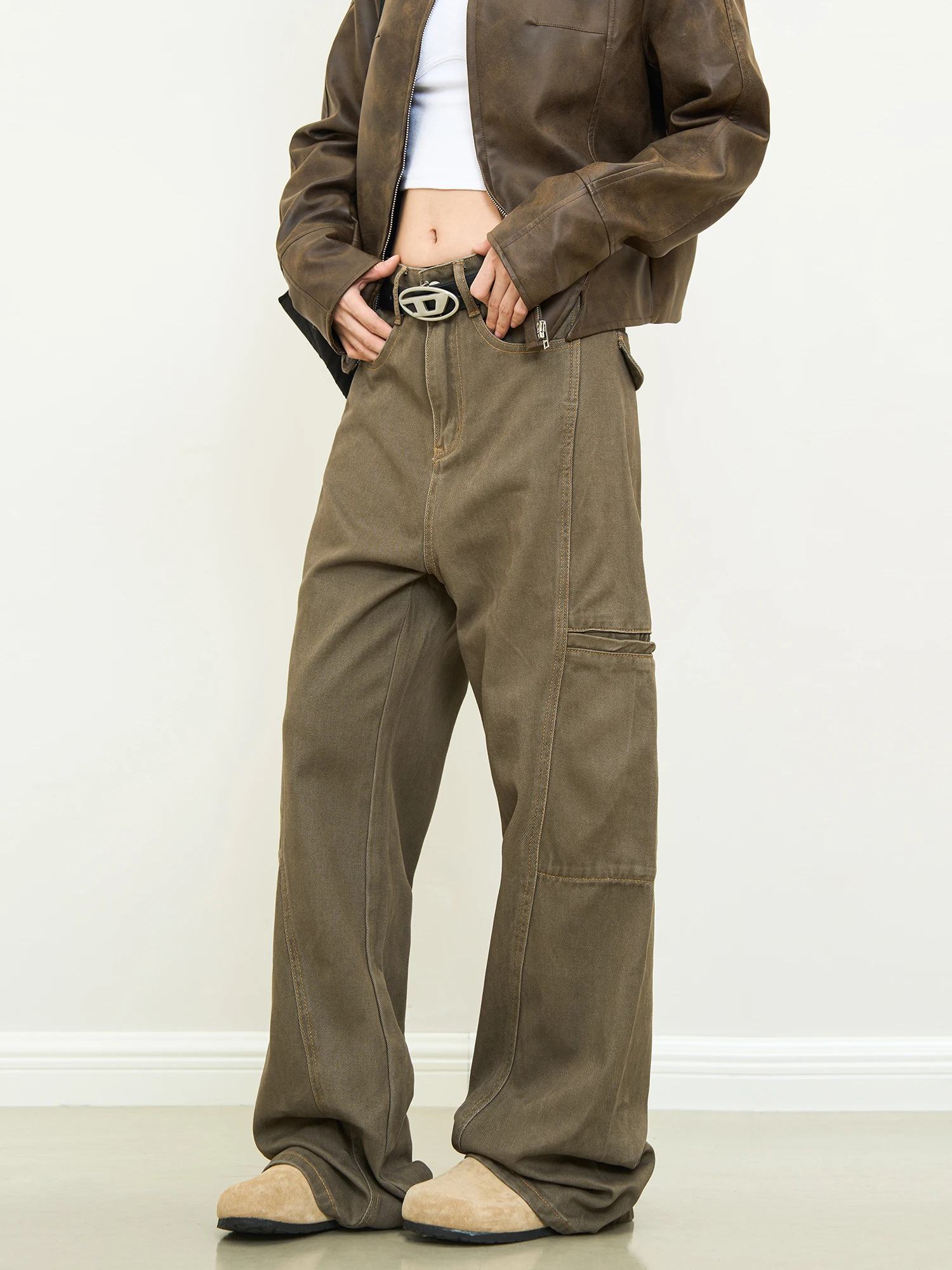 

American Retro Brown Work Pants Loose Wide Leg Jeans Youthful Popular Spring Autumn Winter Seasonal Use Casual Straight Cut