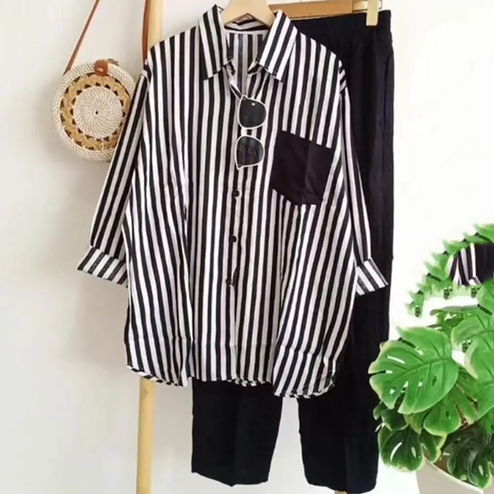 

2Pcs/Set Shirt Pants Set Long Sleeve Casual Trendy Elastic Waist Breathable Polyester Stripes Blouse Pants Suit