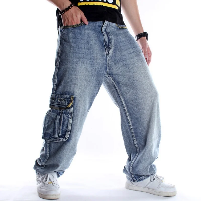 Large Size 46 Loose Jeans Men Denim Pants Straight Pocket Baggy Casual Streetwear Hip Hop Brand Blue Wide Leg Cargo Trousers