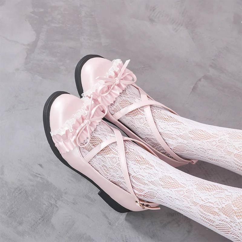 Japanese Sweet Student Lolita Shoes Cute Lace Bowknot Kawaii Shoes Vintage Round Head Cross Bandage Women Shoes Loli Cosplay