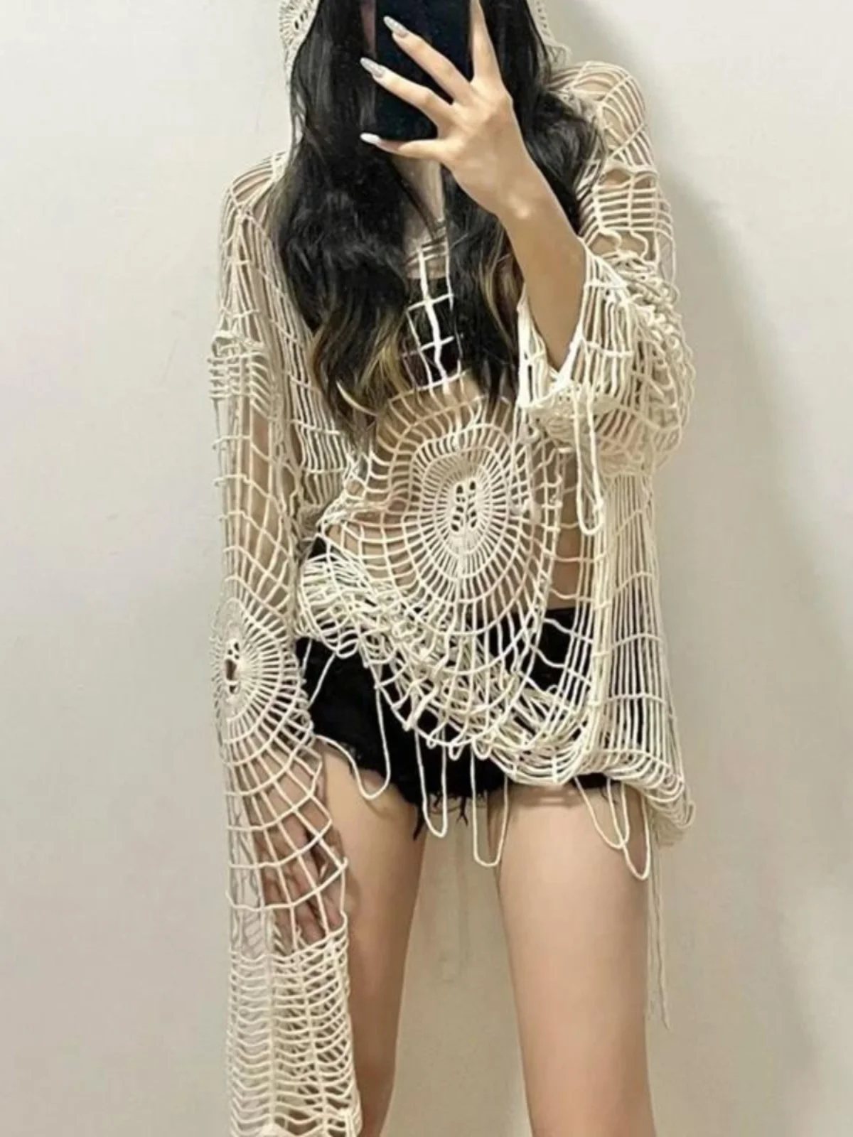 

Вязаная шапка Y2K с ажурным узором «паутина», декоративные вырезы, крючком связанный цветочный дизайн, модная верхняя одежда для молодых женщин