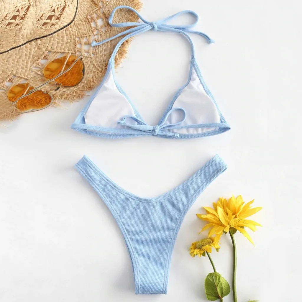 Sexy Two Piece Swimsuit Lace Up Top Bra Solid Brief Women Bikini Set Swimwear Luxury Tankinis Spring Summer Beach Mujer Push Up