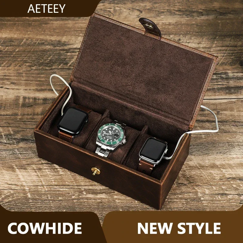 

Customizable Logo Retro Cowhide 3 Slots Handmade Square Dustproof Watch Box Travel Portable Men Jewellery Watch Storage Case