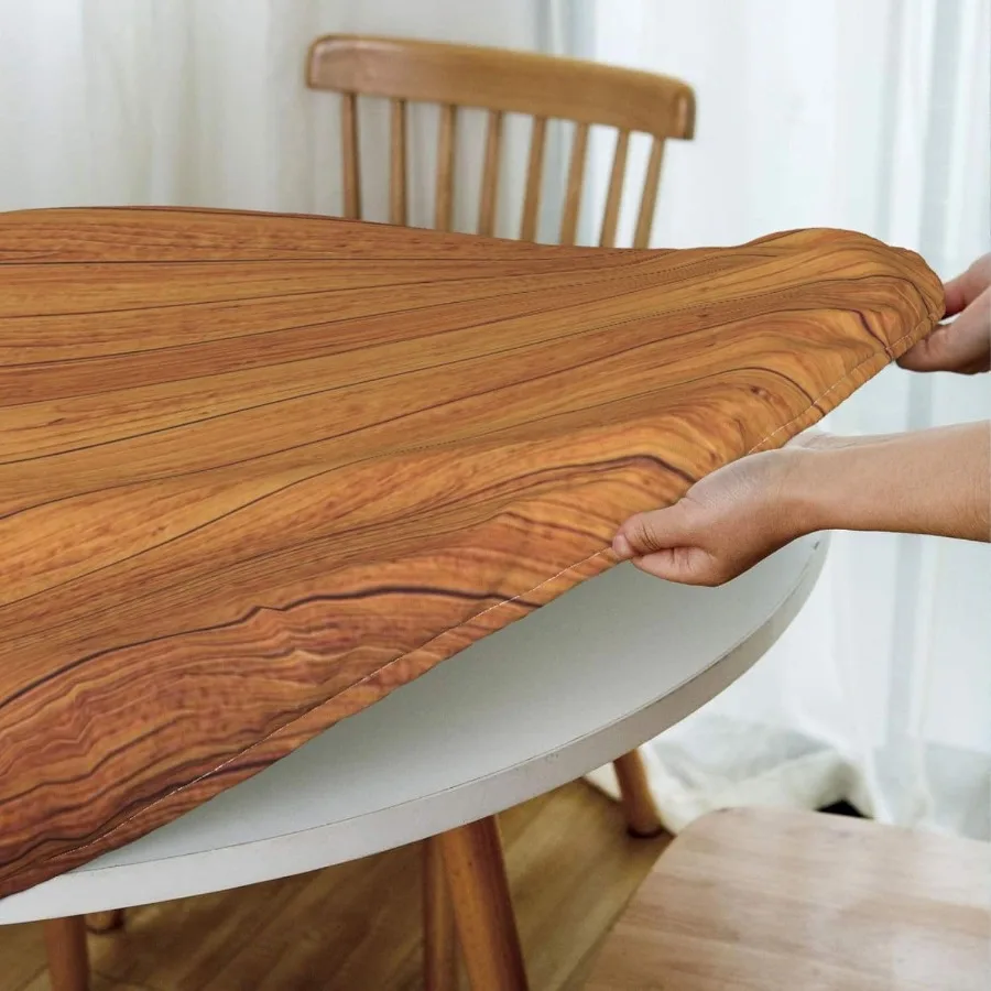 مفرش طاولة مستدير من الخشب الحبوب مع غطاء طاولة بحافة مرنة، مفرش طاولة مقاوم للماء وقابل لإعادة الاستخدام لفناء حفلات المطبخ والعطلات