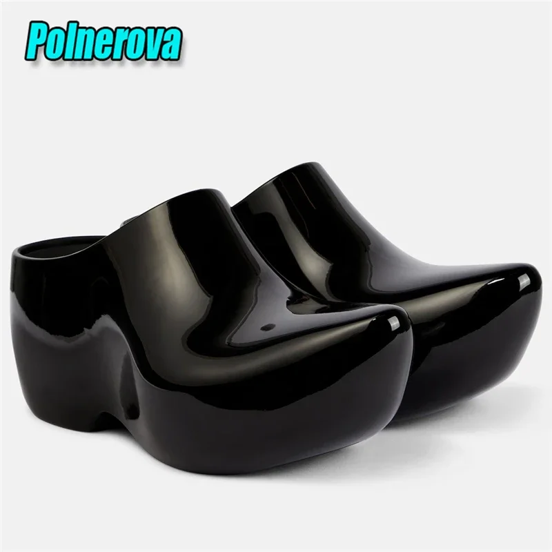 

Pointed Toe Platform Slippers for Women Men Brand Design Thick Sole Chunky Heels Mules Unique Black Patent Leather Runway Shoes
