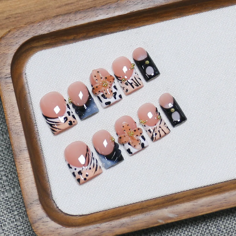 

10 штук накладных ногтей ручной работы в форме утиного клюва с французским дизайном, розовым принтом в горошек и леопардовым узором, ручная роспись, оптом