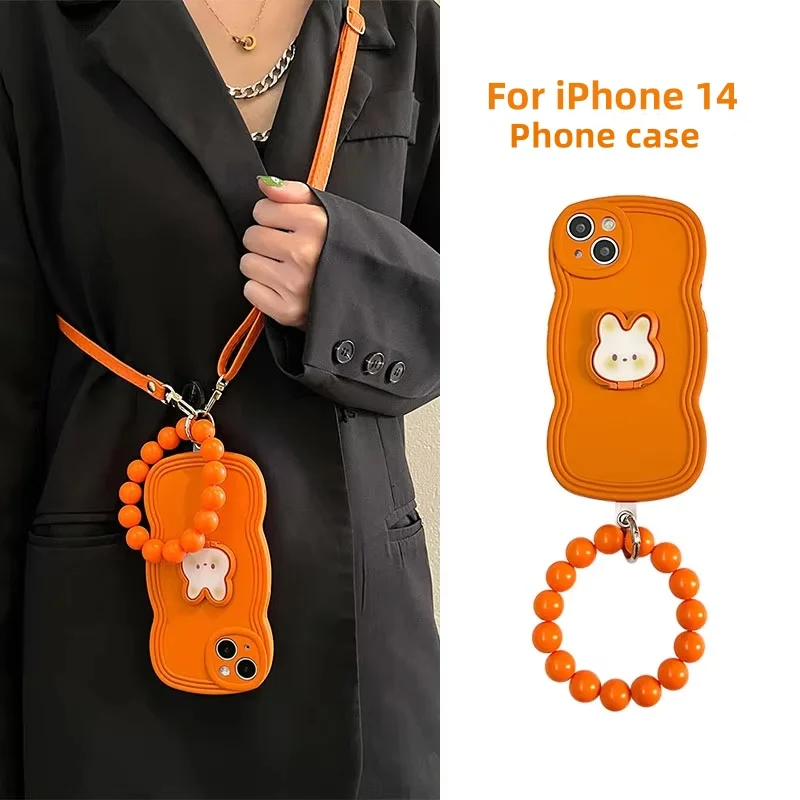 

Чехол-подставка с оранжевым кроликом и волнистым узором для iphone 14, чехол apple 13/12promax, милый 1114promax 13pro, защитный чехол от падения 14plus через плечо
