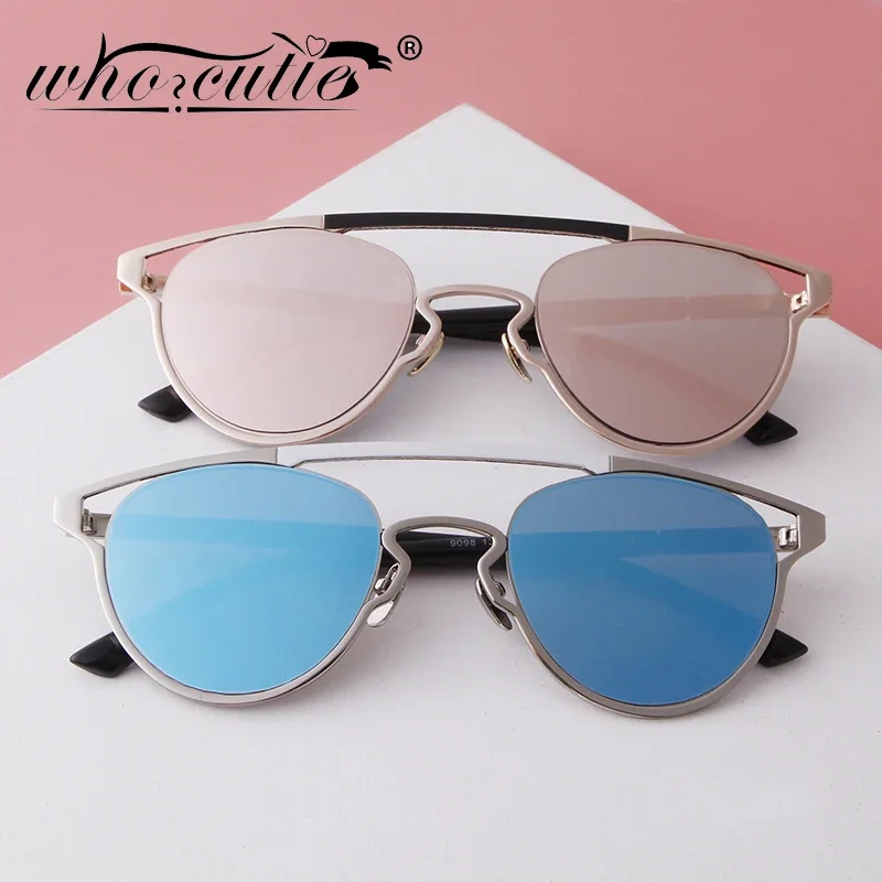 

WHO CUTIE New Pink Blue Mirror Round Lens Sunglasses Men Pilot Cool Flat Top Metal Frame Shades Eyewear Women Sun Glasses Oculos