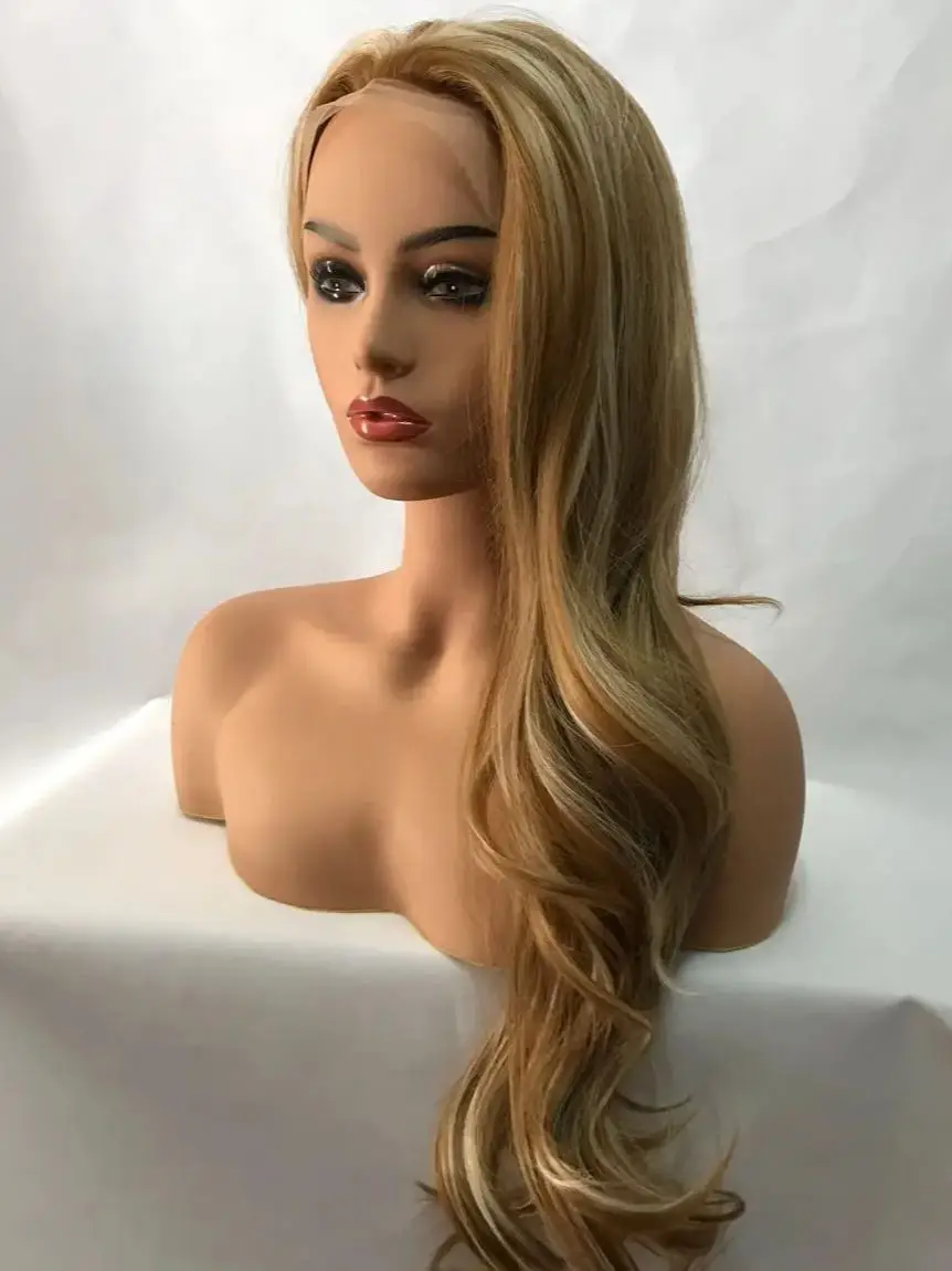 

Long Blonde Wavy Hair Loose Transparent Lace with Bangs Natural Wavy Women Daily Use Wig