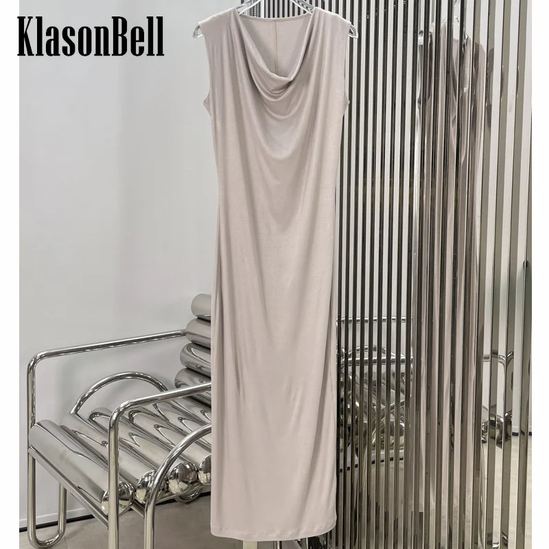 

8.11 KlasonBell Women Celebrity Same Temperament Elegant Swinging Collar Sleeveless Tank Dress Thin Knit Split Maxi Dress