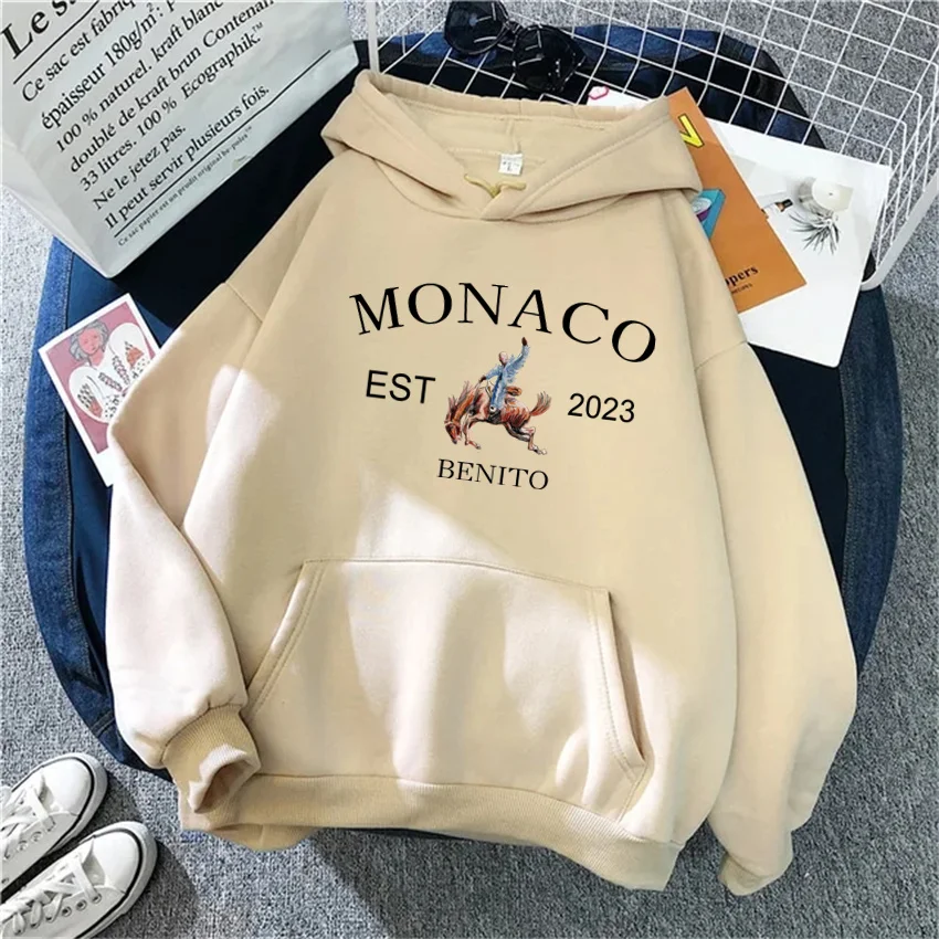 Autumn Clothing Bad Bunny Monaco Women Hoody Casual Fleece Sweatshirts Female Woman Hoodie Hip Hop Pullover Streetwear Unisex