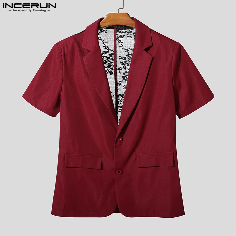 

INCERUN мужской пиджак кружевной лоскутный лацкан с коротким рукавом повседневные костюмы мужские прозрачные уличные модные мужские тонкие пальто S-5XL