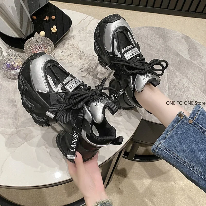 35-43 Women's Chunky Sneakers 2024 Breathable Mesh Platform Sports Shoes Woman Fashion Lace Up Thick Sole Casual Shoes Mujer