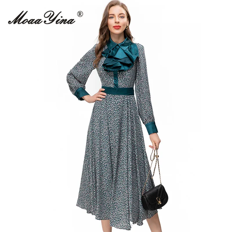 

MoaaYina Summer Fashion Runway Vintage Floral Print Dress Women's Lapel Ruffles Button High Waist Ruched A-LINE Slim Long Dress