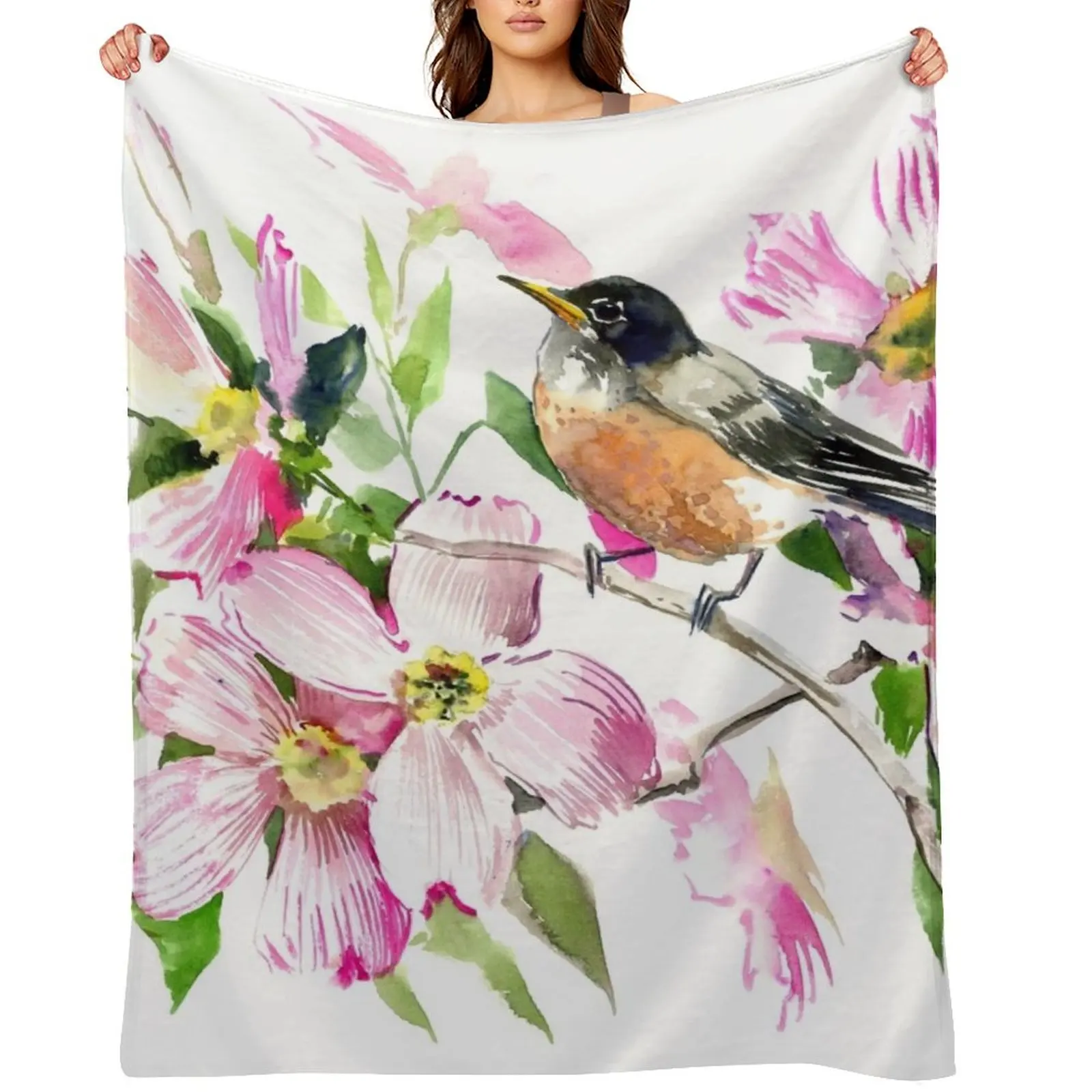 

American Robin and Dogwood Flowers Throw Blanket Kid'S Luxury Designer Soft Plush Plaid warm for winter Blankets