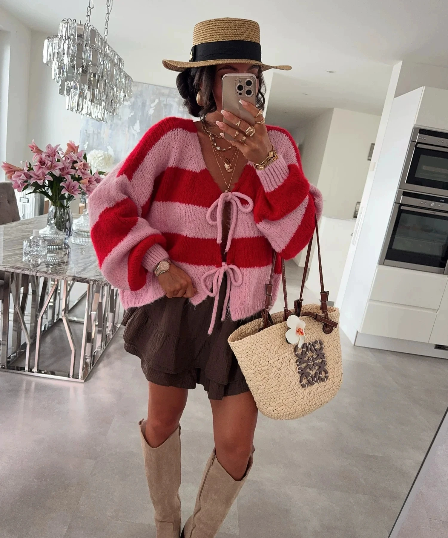 New autumn and winter striped contrasting bow tie knit cardigan elegant, fashionable, loose casual sweater jacket