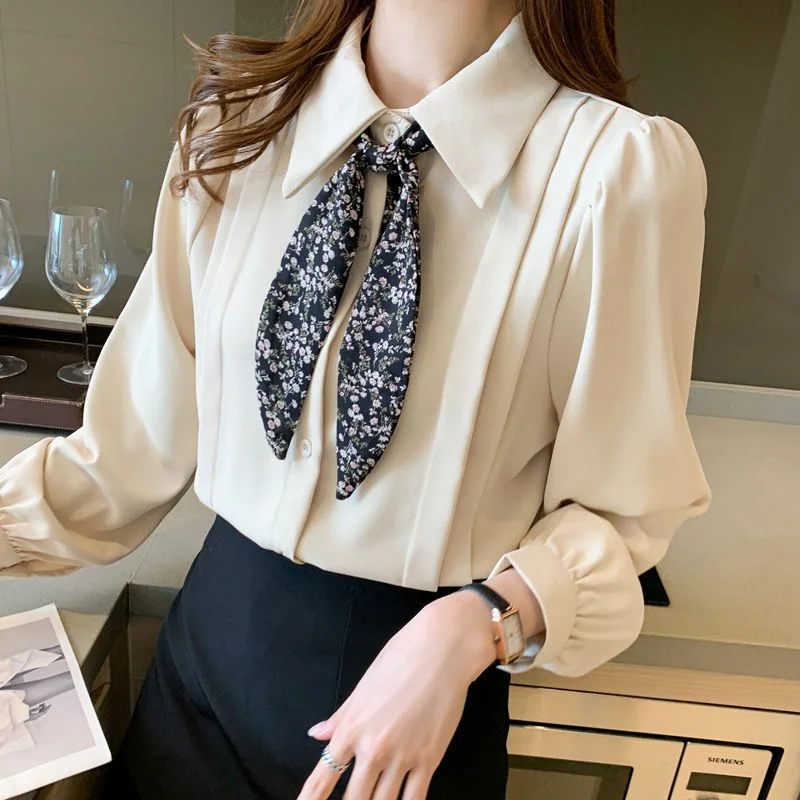 

Spring and Autumn Chiffon Women's Temperament Casual Solid Color Versatile Long Sleeve Light Luxury High-end Top
