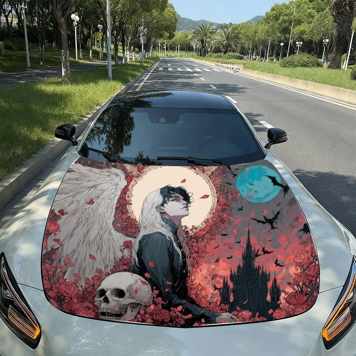 Gothic Castle And Vampires Car Hood Sticker, Colored Vinyl Sticker, Truck Pattern, Engine Hood Decoration Accessories, Waterproo