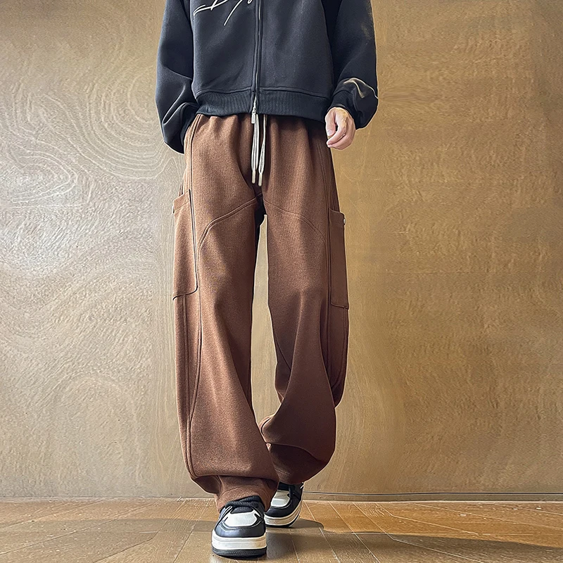 

Новая рабочая одежда большого размера, весенне-осенние повседневные мужские брюки, модные мужские брюки прямого кроя, драпированные вязаные длинные брюки