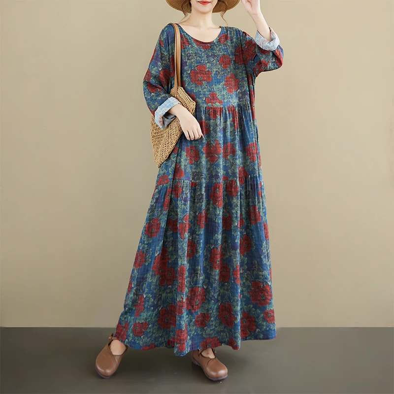 

Ретро-платье свободного кроя с длинными рукавами и круглым вырезом, с цветочным узором, из хлопковой марли, в стиле Sweet Sle Ci Walk, с юбкой А-силуэта