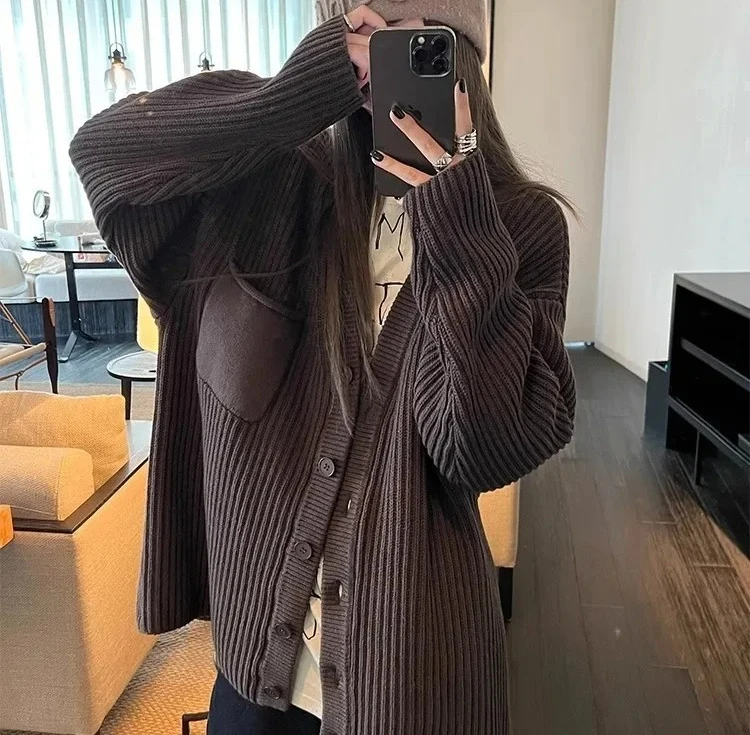 

V-neck Full SleeveTrendy Chocolate Mermaid Lazy Fashion Sweater Coat Women Thickened Loose Knitted Open Cardigan Autumn Winter
