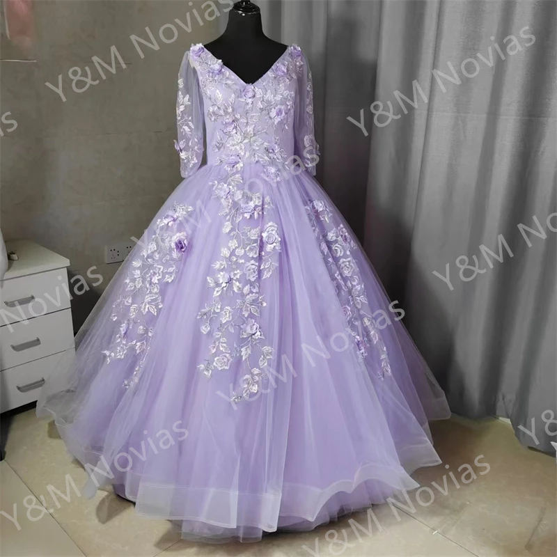 Vestido de quinceañera púrpura personalizado, vestido de fiesta de flores dulces, vestido de baile de encaje de lujo, Media manga, Vestidos bohemios para niñas