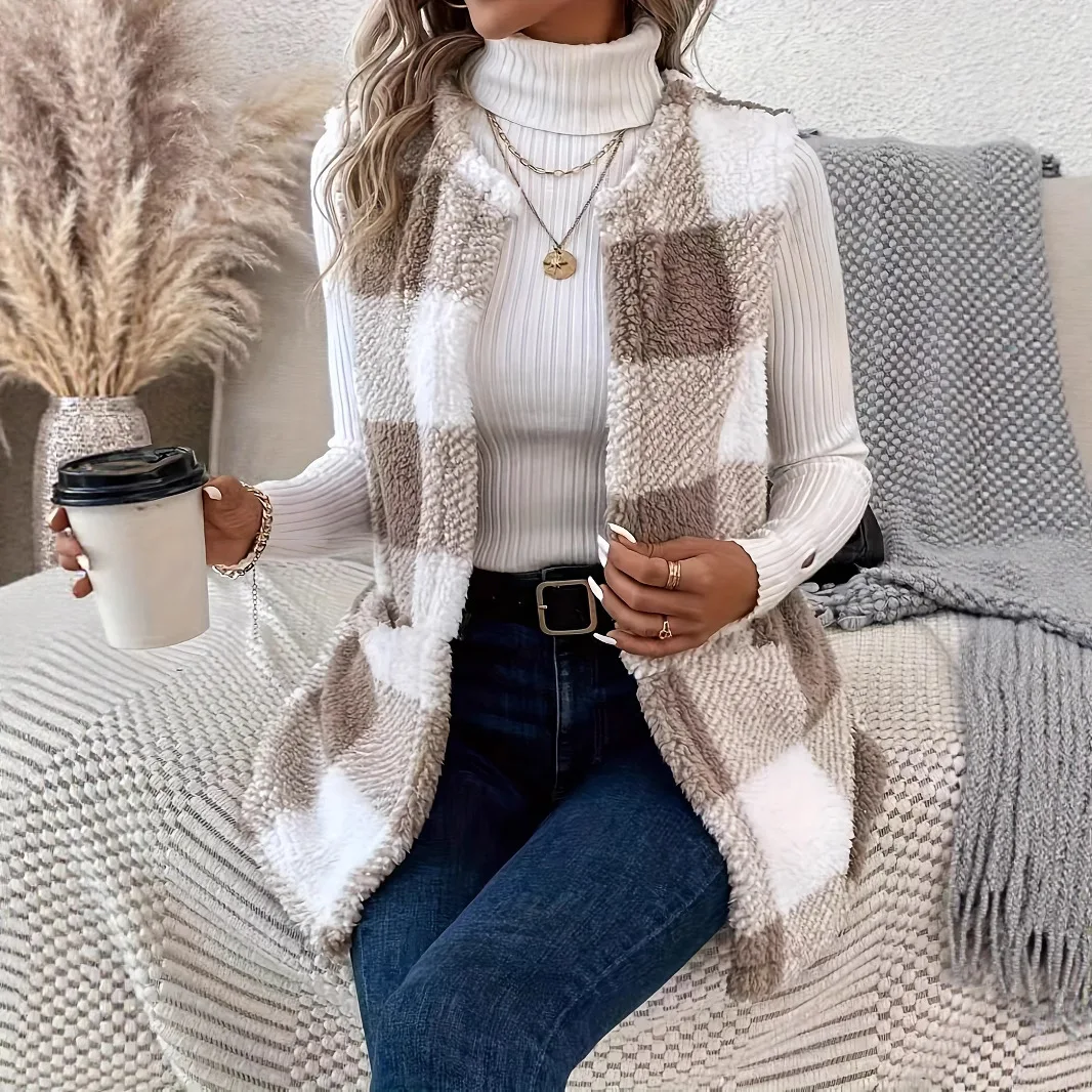 Women's Spring Autumn Plaid Print Double Sided Fuzzy Sleeveless Jackst No Button Pocket Cardigan Casual Women Vest Coat