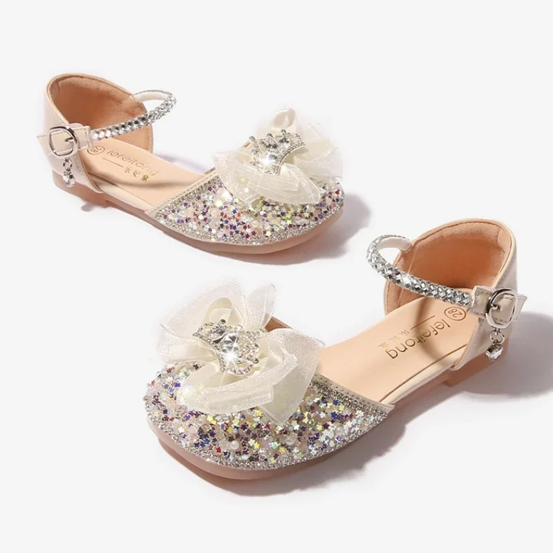 Girls Party Shoes Elegant Sweet Children Sequins Single Shoes Fashion Rhinestone Bowknot Kids Wedding Dress Flat Sandals Causal