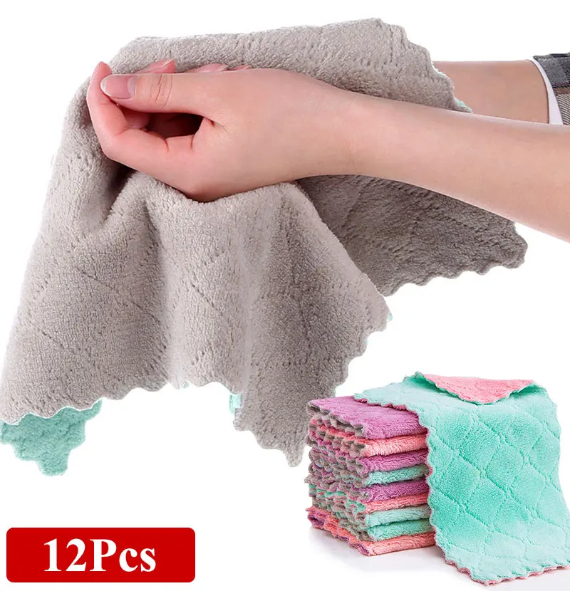 12Pcs Super Absorbent Microfiber Kitchen Dish Cloth High-efficiency Tableware Household Cleaning Towel Kitchen Tool Random Color