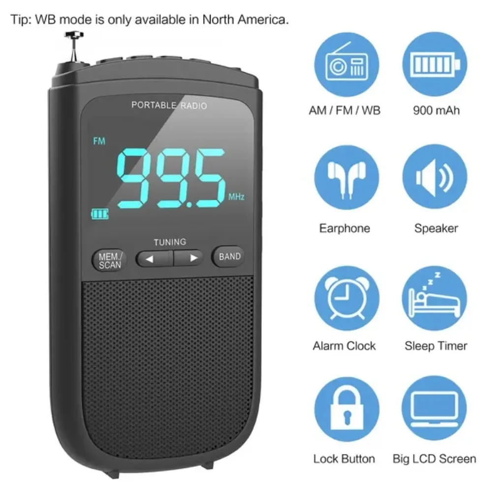 Portable Digital Radio: AM/FM/WB Bands, Weather Alert, Alarm Function with 3.5 Mm Headphone Jack, 900 MAh Battery Capacity