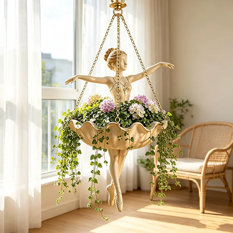 Ballettmädchen Hängepflanzgefäß aus Kunstharz, Kreatives Ornament für Außenbereich, Garten, Balkon, Dekoration, Hängender Blumentopf – Detail 2