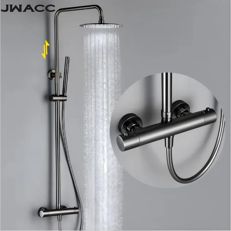 wall mounted, thermostatic, shower set, brushed gray, brass, rain head, 8-12