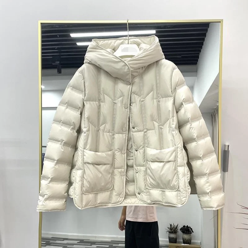 2024 Winter Women 90% White Duck Down Coat Female Stand Collar Single-Breasted Puffer Jacket Casual Loose Hooded Parkas Outwear