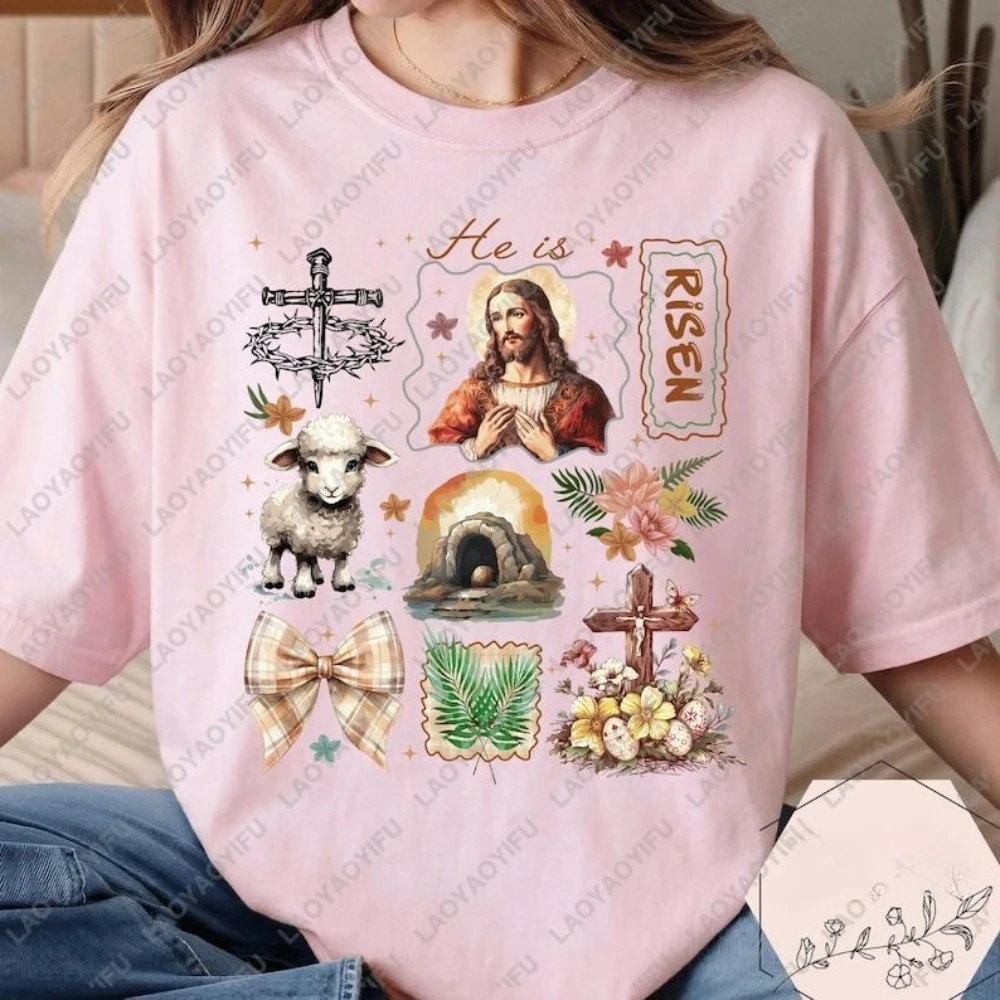 

He Is Risen Printed Shirt Stroke Jesus Bible Verse Shirt Jesus Easter Little Lamb Bow and Cross Pattern Breathable Clothing