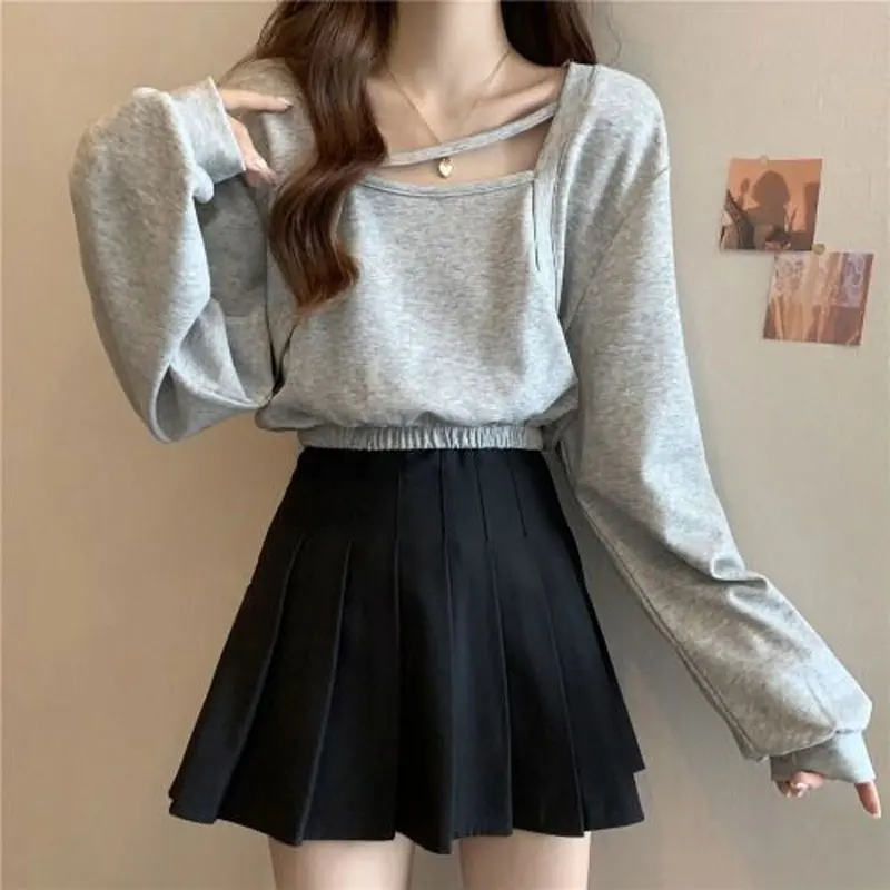 Fake Two Pieces Square Collar Sweatshirts Spring Autumn Korean Loose Long Sleeve Female Clothing Solid Color Casual Pullovers