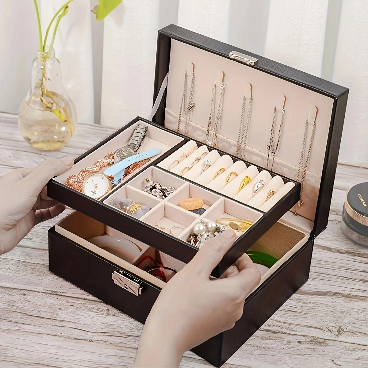 1PC Double-Layer Jewelry Storage Box Simple Design with Lock for Ring And Necklace Organizer with Decoration