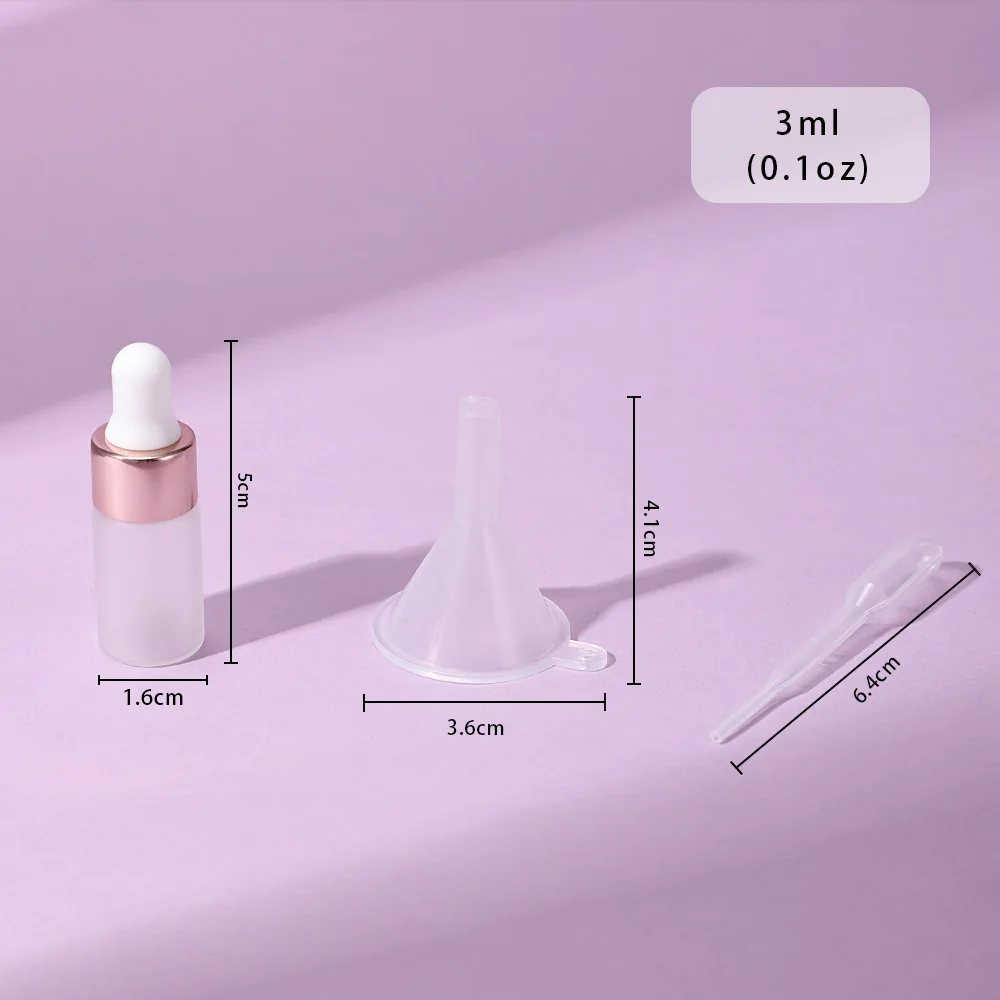 ขวดแก้วฝ้าขนาด 3 มล. จำนวน 10 ชิ้น พร้อมกรวย 10 ชิ้น และหลอดหยด 10 ชิ้น ภาชนะแบบเติมได้สำหรับน้ำมันหอมระเหย น้ำหอม เซรั่ม