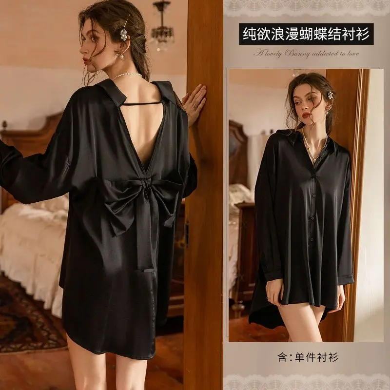 

Сексуальная женская пижама для весны и лета: элитная ночная рубашка с длинным рукавом в стиле бойфренд, с глубоким V-образным вырезом, открытой спиной и бантом