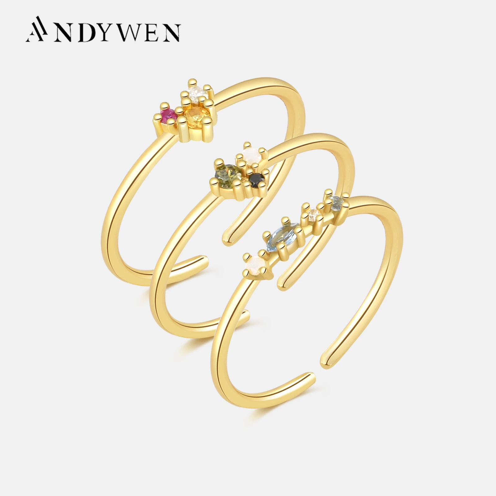 

ANDYWEN 100% 925 Sterling Silver Open Rainbow CZ Colorful Resizable Rings Adjustable Wedding Luxury Jewelry Circle For Women