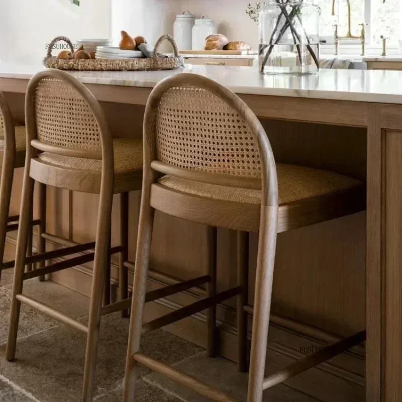 

Luxury Woven Rattan Bar Chairs, Commercial Bar Stools, Modern Home Furniture, Nordic Minimalist Solid Wood High Kitchen Stool