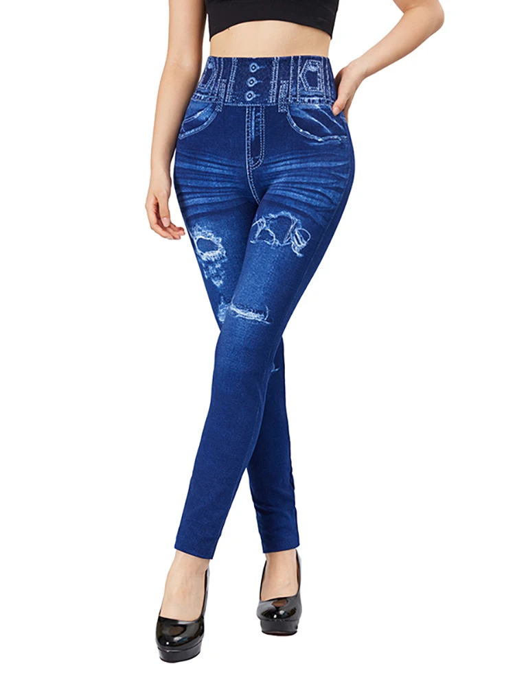 

YSDNCHI Workout Blue Yoga Pencil Pants Women Fake Holes Print Blue Jeggings Stretch Sexy Slim Fit High Waist Faux Denim Leggings