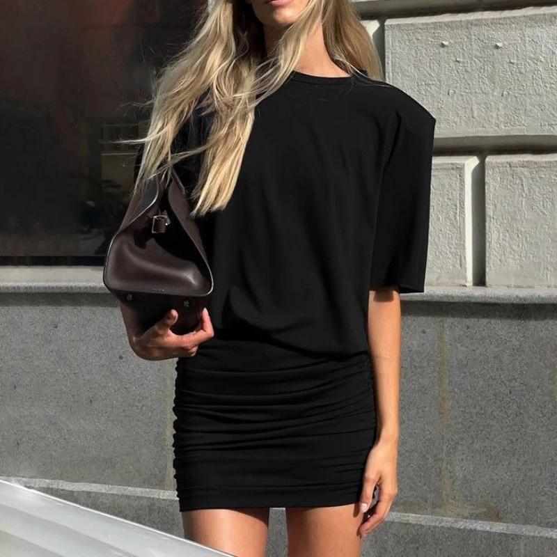 

Women's Clothing 2026 Spring New Sexy Pure Desire Wind Round Neck Pull Pleated Tight Hip Wrap Dress Women