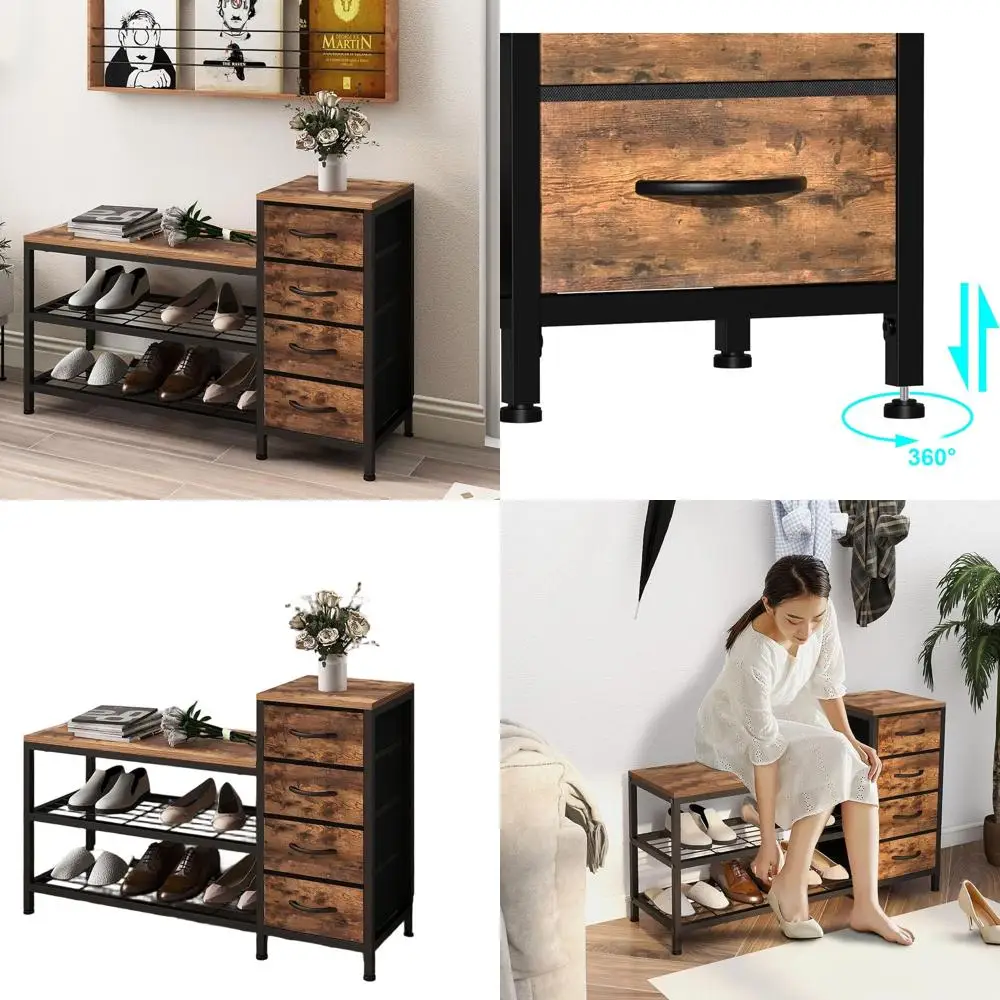 

Industrial 3-Tier Shoe Storage Bench with 4 Drawers, Steel Frame, for Entryway and Living Room