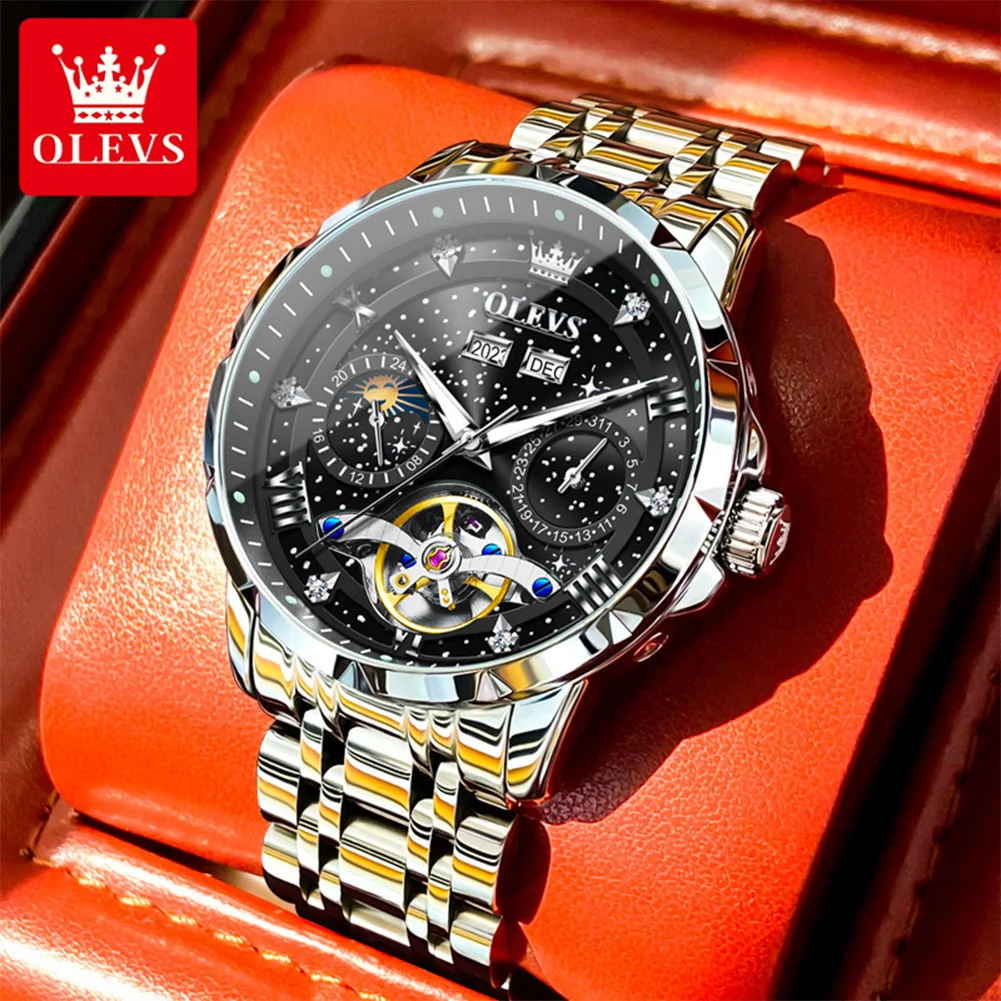 

OLEVS 6690 Classic men's watch luxury brand starry sky moon phase hollow dial Automatic mechanical man watches