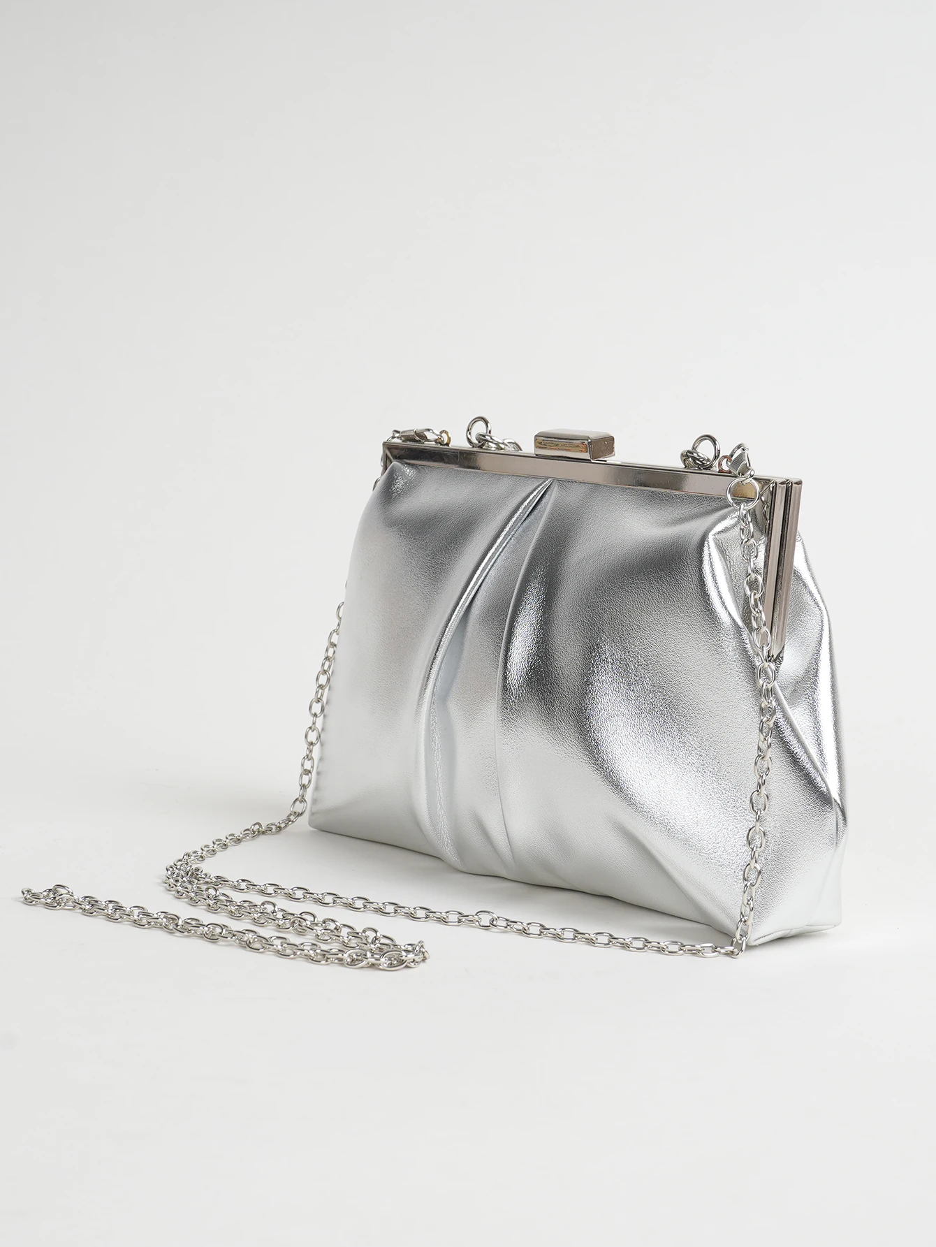 1 Stück Elegante Abendtasche aus Metallic-PU-Leder mit Falten und Kiss-Lock-Verschluss, Glänzender Metallkettenhalter-Rahmen, Crossbody-Clutch-Tasche – Detail 7