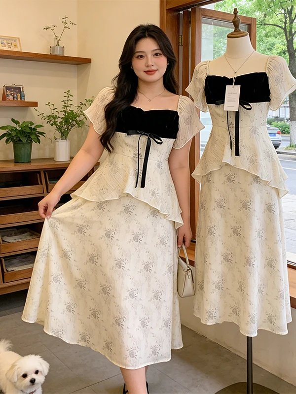 

Летнее новое женское платье в нежном стиле больших размеров с квадратным вырезом, коротким рукавом, приталенное, стройнящее, миди, имитация двух частей