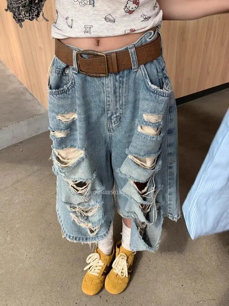 Vintage Streetwear Ripped Y2K Denim Shorts Women American Retro High Waist Baggy Wide Leg Trousers Straight Knee Length Pants