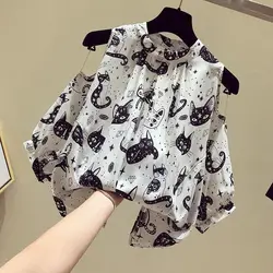 Fashion Hand-Painted Cat Printed Shirt Women's Clothing Elegant Off Shoulder Stand Collar Summer Korean Commute Loose Blouse New