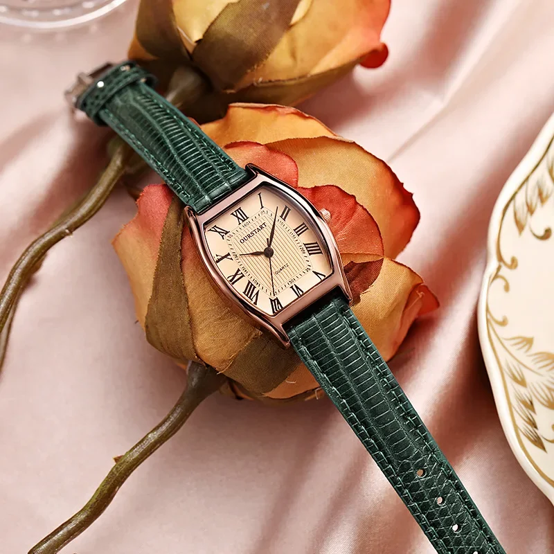 Reloj Retro para Mujer, relojes de pulsera pequeños para Mujer, Reloj de pulsera de cuero Vintage marrón y verde, relojes de pulsera de cuarzo negros, Reloj para Mujer