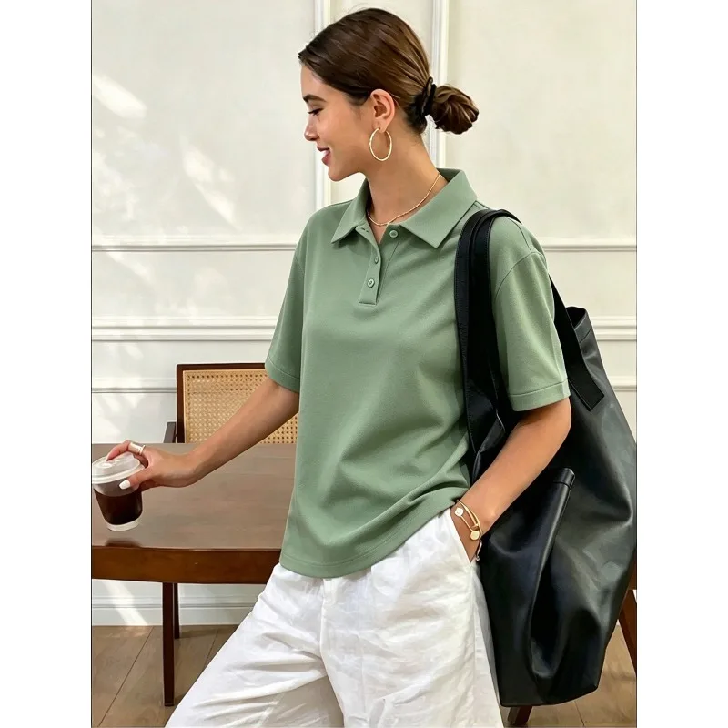 Hot Sale Women Solid Color Polo Shirt Simple Plain Short Sleeve Casual Daily Office Top New Arrival